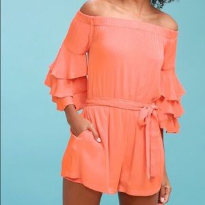 Lulu’s Coral Santa Ana off Shoulder Romper